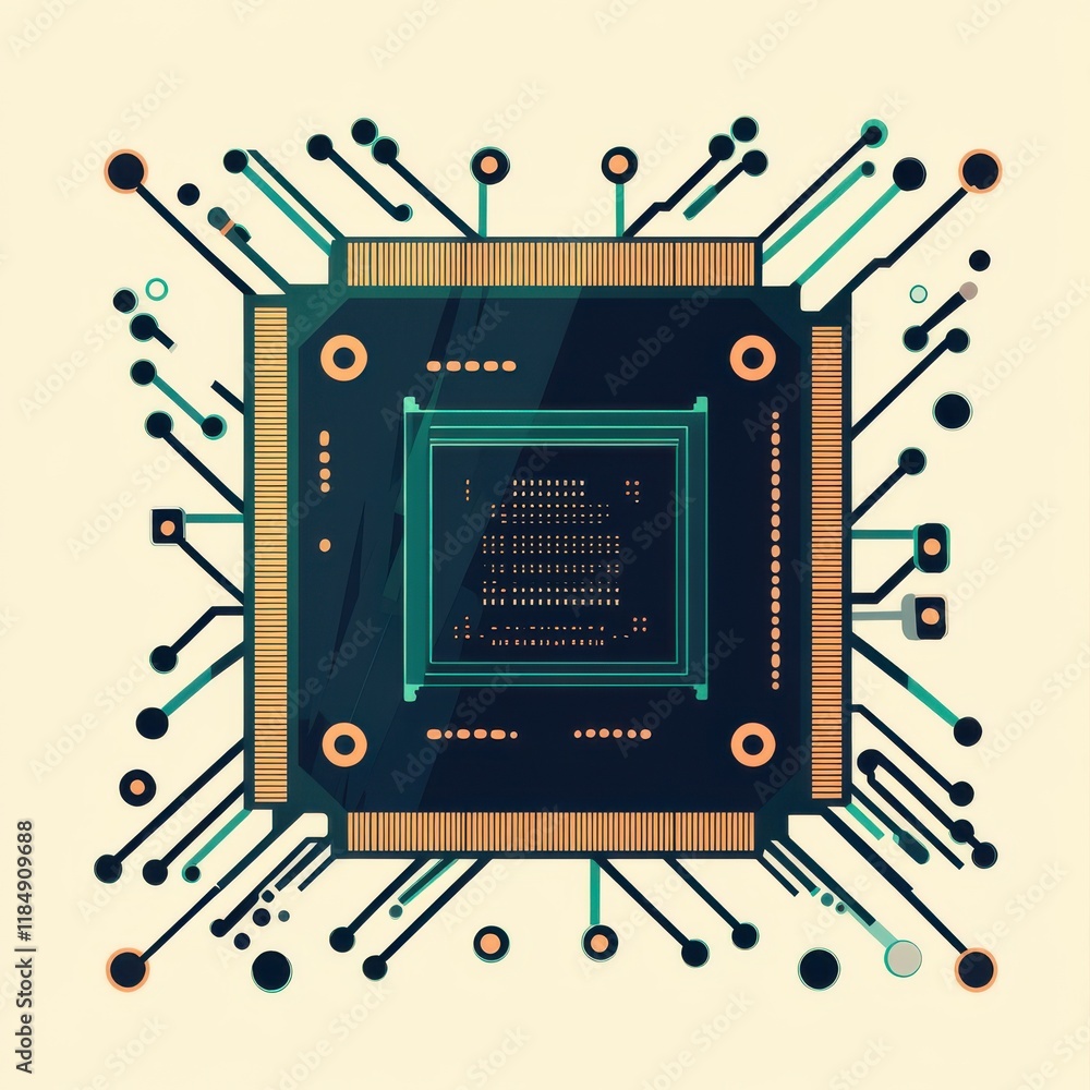 Poster abstract illustration of a modern computer microchip with intricate circuit patterns and vibrant col