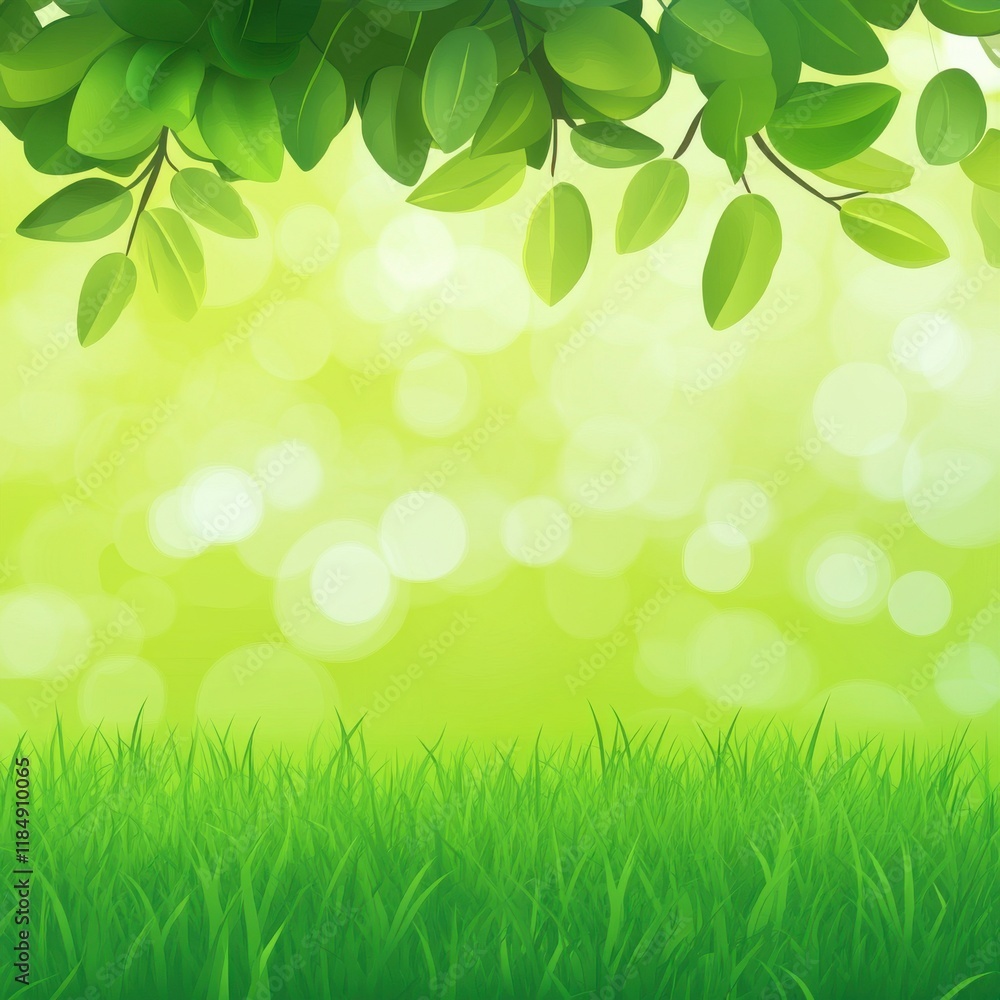 Poster vibrant green foliage with soft bokeh background creating a fresh and tranquil natural scene.