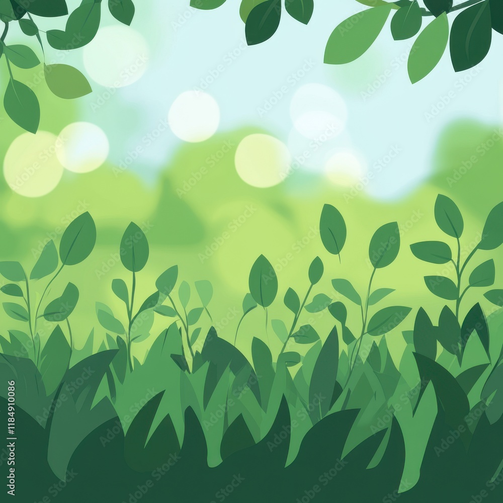 Poster a vibrant, green foliage background with various leaves and soft bokeh lights creating a serene atmo