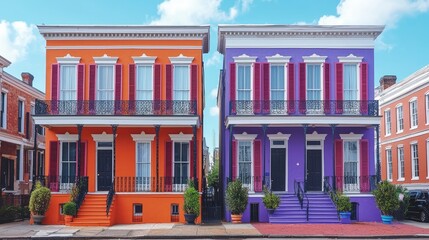 Obraz premium Vibrant Orange and Purple Houses with Pink Shutters
