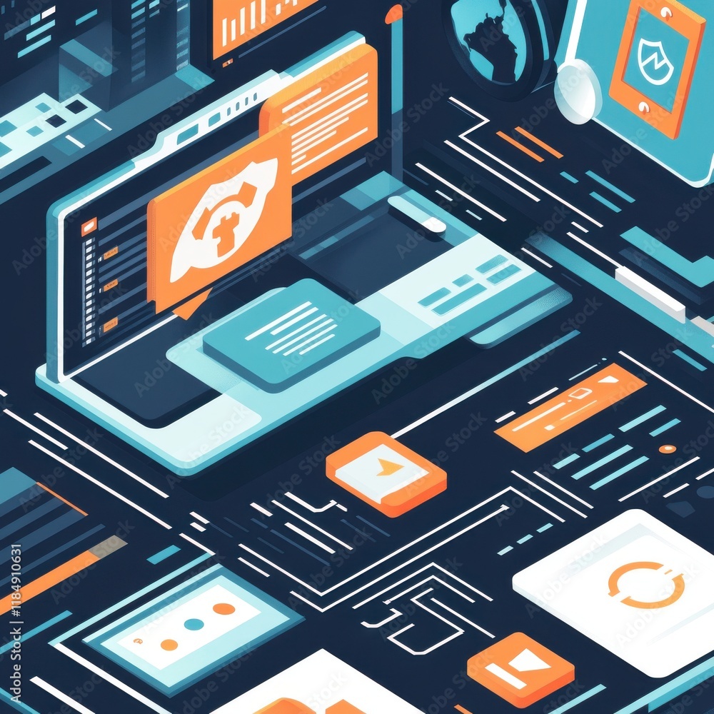 Poster digital security concept with a laptop and various app icons illustrating cybersecurity measures.