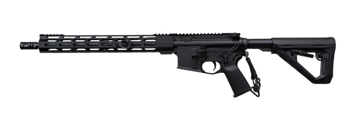 This image shows a black semi-automatic rifle with a tactical stock and a long handguard, ideal for...