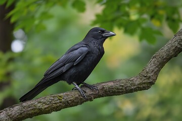 Obraz premium A striking image of a black crow perched gracefully on a branch showcasing natural beauty and elegance.