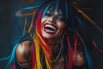 Naklejka premium Commercial ad campaign idea. Long hairdo - multicolored hair. Gorgeous happy mixed-race girl - for ads, alley poster and social networks use. Black girl hair trends. African model glamour.