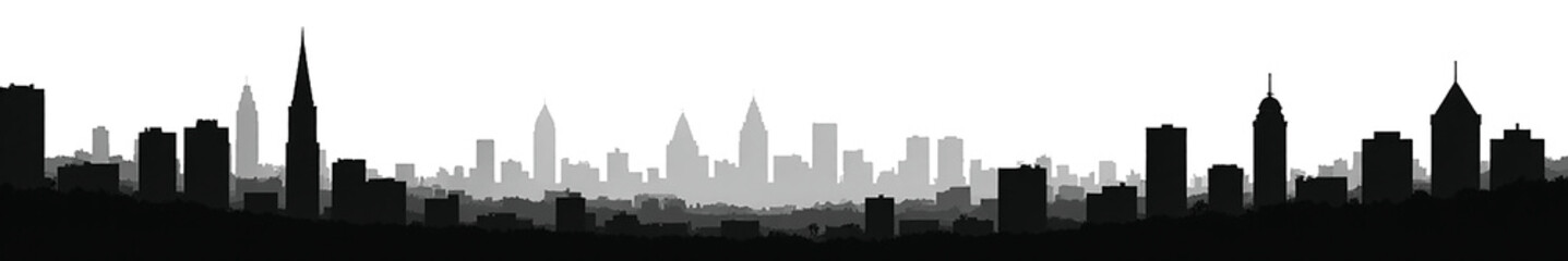 Fototapeta premium Silhouette of a city skyline against a minimalist background, showcasing iconic buildings in a gradient of greys.