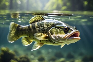 Fototapeta premium A majestic largemouth bass gliding through the crystal clear waters of a serene lake, its scales shimmering in the sunlight.