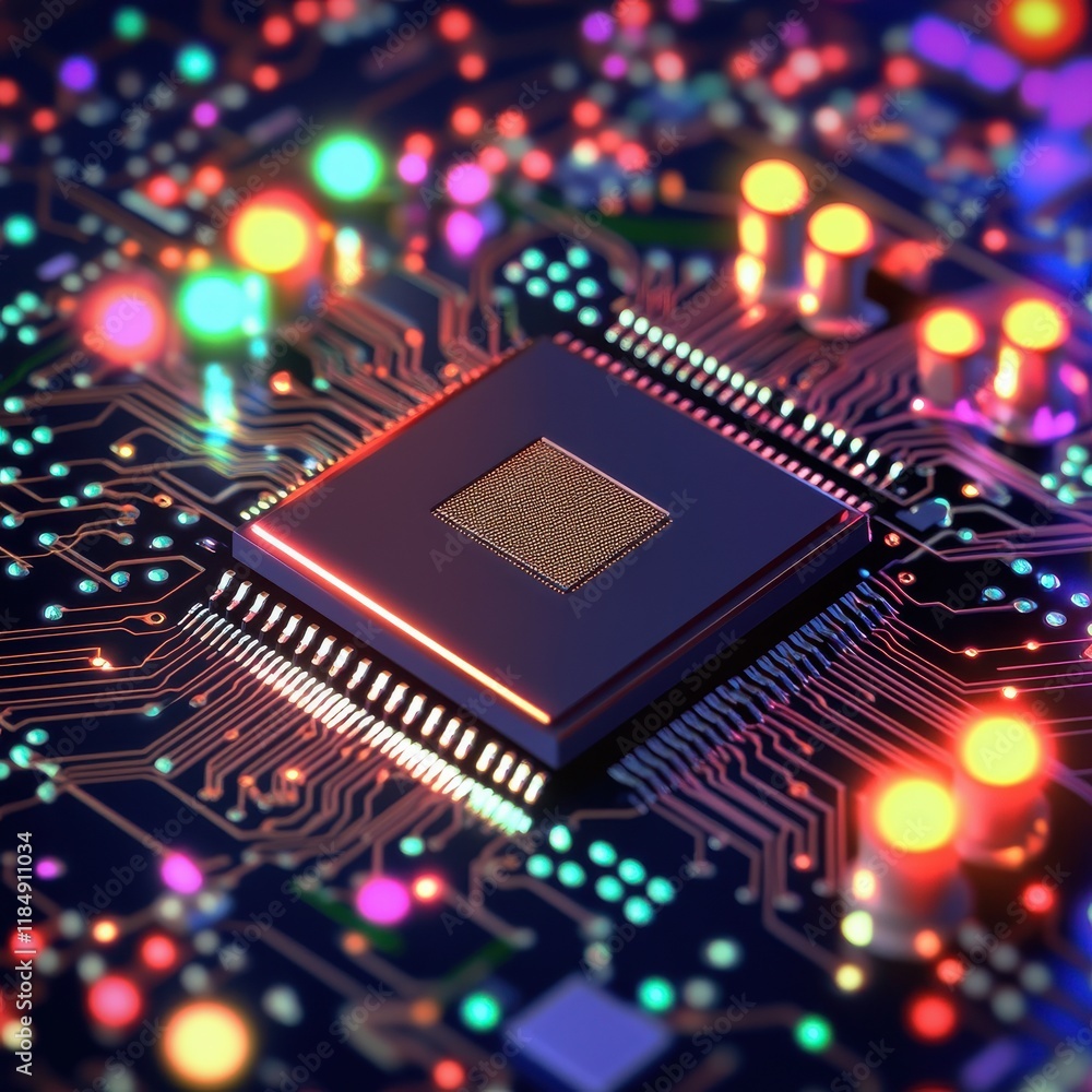 Poster close-up of a computer chip on a vibrant circuit board, showcasing intricate details and colorful li
