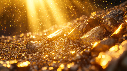 Golden rays illuminating sparkling stones in a serene natural setting during dawn