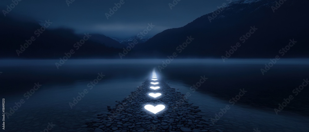 Poster a path of rocks with hearts on them is lit up in the dark