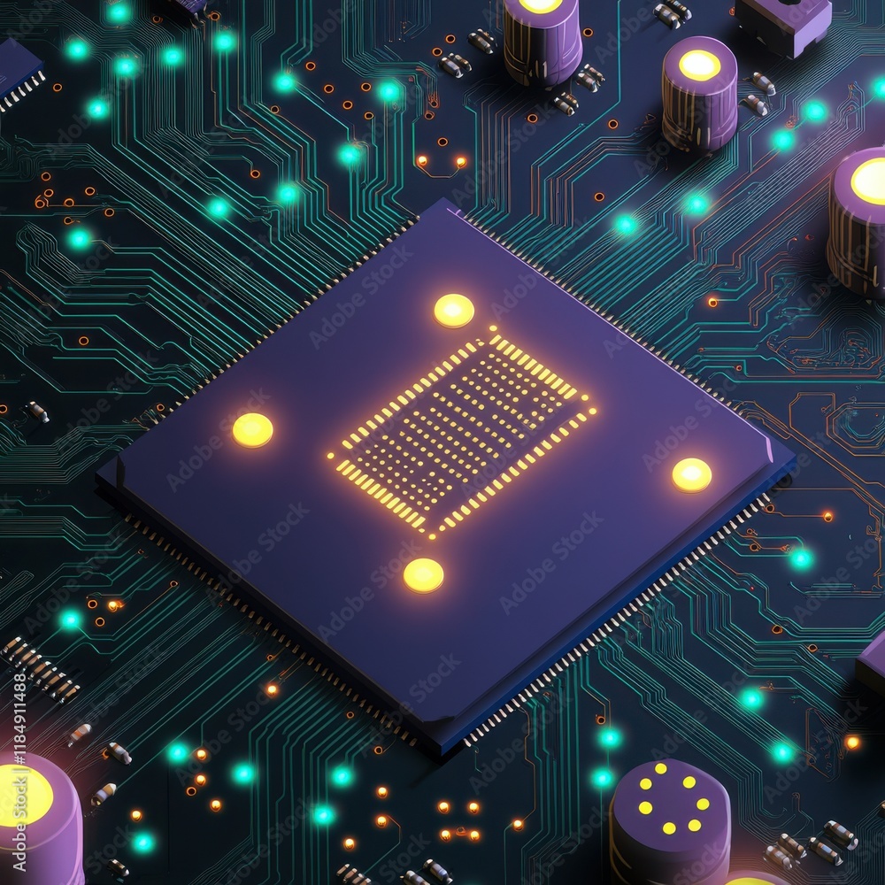 Aufkleber close-up of a computer circuit board showcasing a central processing unit with glowing connections a