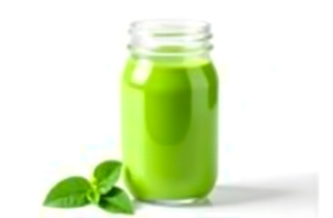 Glass jar with green smoothie isolated on white background 