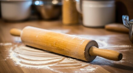 Fototapeta premium Rustic wooden rolling pin on a floured kitchen counter