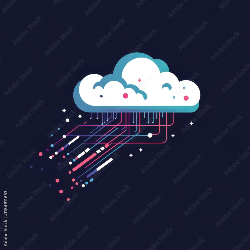 Poster colorful digital cloud with data streams, symbolizing technology and connectivity.