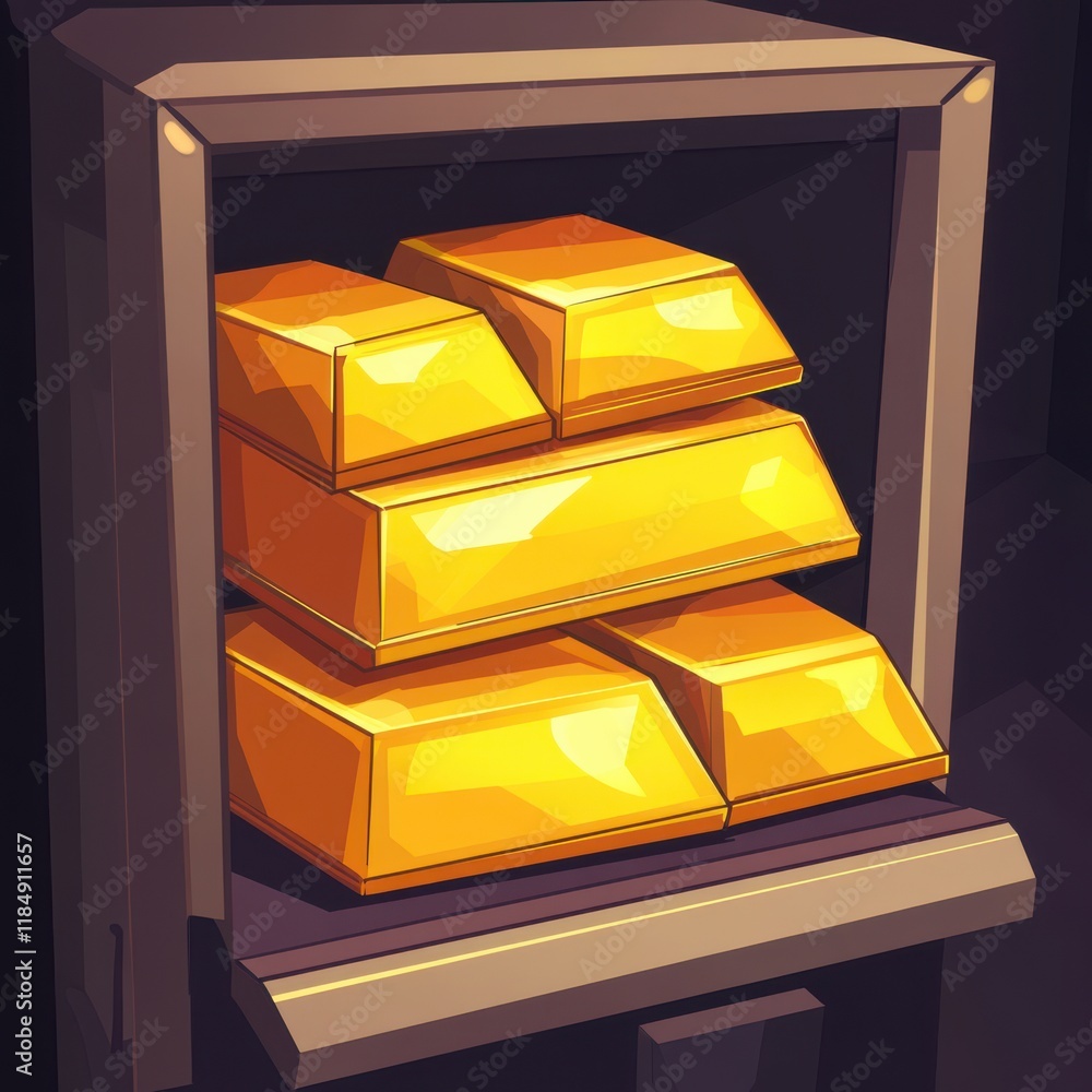 Poster shiny gold bars stacked neatly in a vault, symbolizing wealth and security.