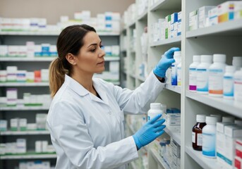 Female pharmacist organizing medications on shelves in a pharmacy