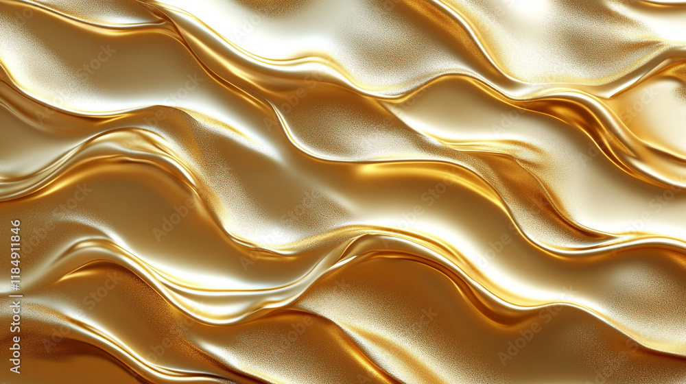 Poster waves of golden fabric creating a shimmering texture in warm light