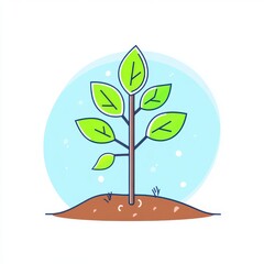 A vibrant green sapling stands upright, symbolizing growth and renewal against a soft blue backdrop.