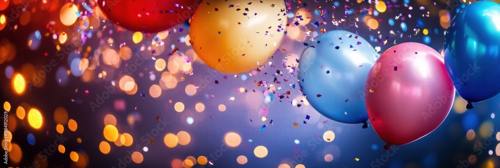 Poster Colorful festive balloons and shimmering confetti create a joyful atmosphere for celebrations and parties at any time of year. Generative AI