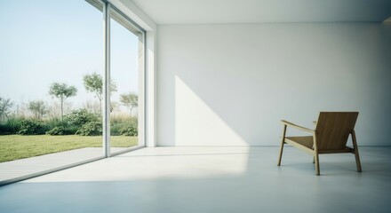 Fototapeta premium Minimalist living room with wooden chair and large window overlooking garden