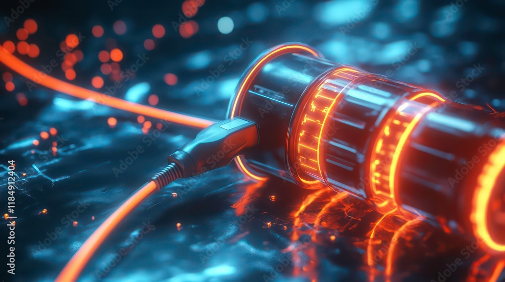 Poster Futuristic data storage device with glowing cables on reflective surface.