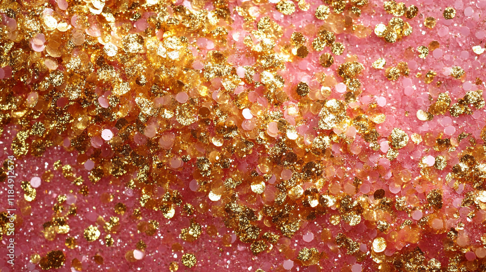 Poster sparkling golden sequins scattered on a soft pink surface create a vibrant visual effect