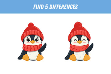 Find 5 differences between two pictures of cute penguin in red hat. Cartoon animal in flat style. Educational logical game for children. Vector illustration
