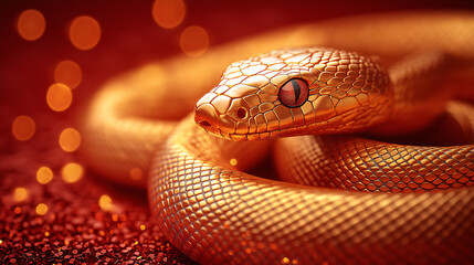 Fototapeta premium A gold coloured snake is curled up on a red surface