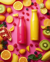 Brightly colored smoothies in bottles surrounded by vibrant fruits on a pink backdrop.