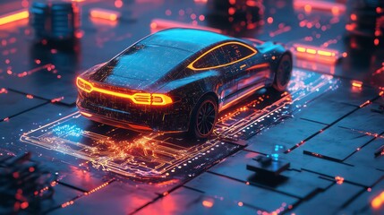 Futuristic electric car wirelessly charging on a digital platform.