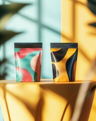 Fototapeta premium Two colorful packaging bags on a pedestal with vibrant shadows and a bright background, creating a modern aesthetic.