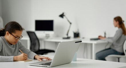 Obraz premium African female adult working in office with caucasian female adult in background