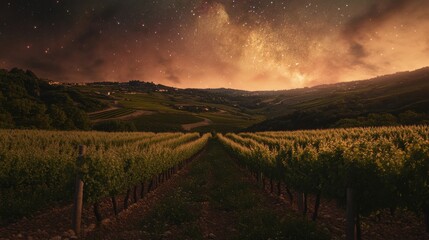 Naklejka premium A serene vineyard landscape under a starry night sky with vibrant green vines stretching into the horizon.