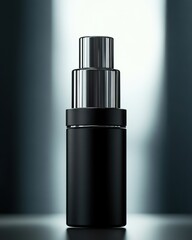 Fototapeta premium Sleek black cosmetic bottle with a shiny silver pump top, elegantly illuminated for a modern aesthetic.