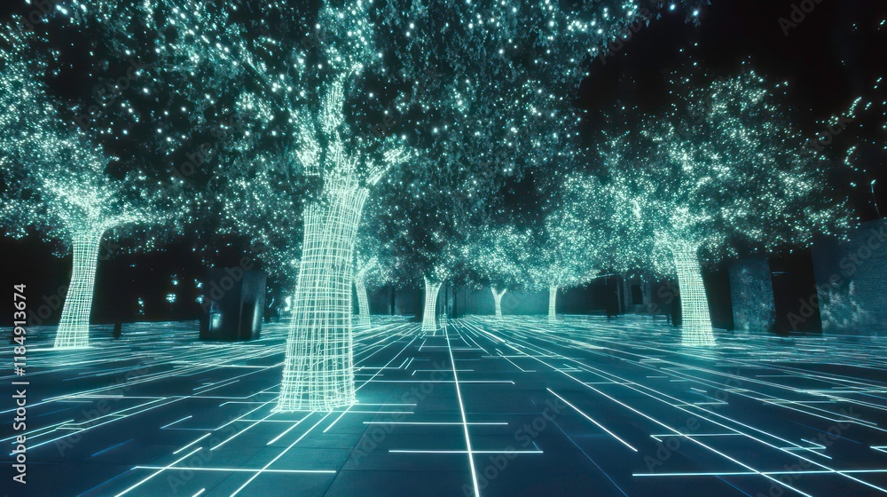 Poster glowing wireframe trees in a digital park at night.