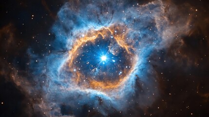 A vibrant cosmic scene featuring a glowing nebula with swirling blue and orange hues against a star-filled backdrop.