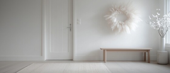 A white door is open to a room with a bench and a vase of flowers