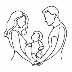 Young mother and father holding their newborn baby in a minimalist black line art style