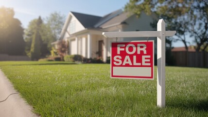 A bright and inviting suburban home with a 'For Sale' sign prominently displayed, signaling opportunity for prospective buyers in a peaceful neighborhood.