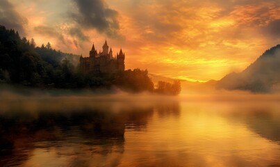 A Misty Castle at Sunset Over Calm Waters
