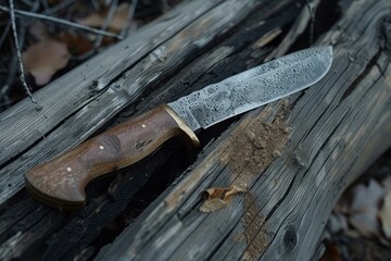 Large hunting knife with wooden handle resting on wooden planks in a forest setting, ideal for hunting or outdoor activities