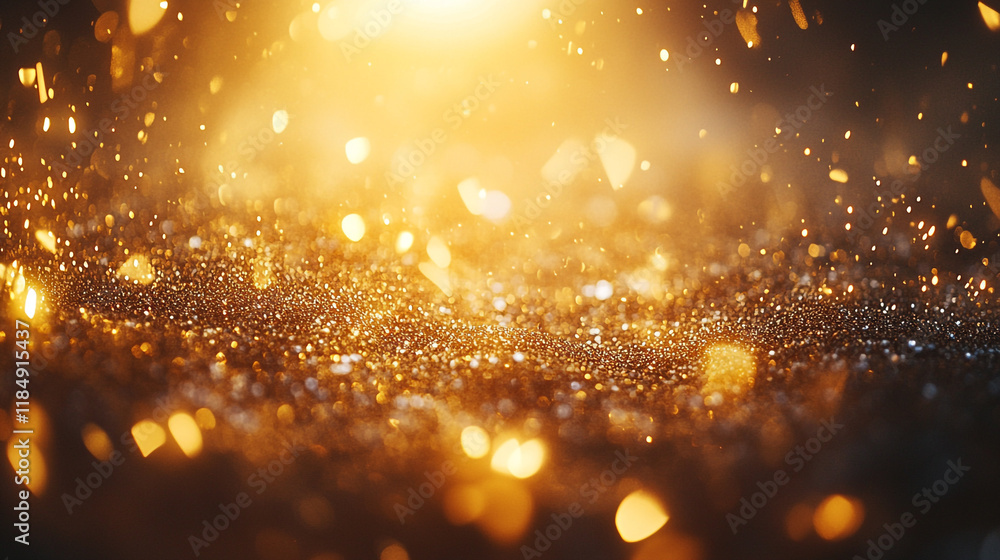 Poster sparkling golden particles illuminate a dark background creating a magical atmosphere