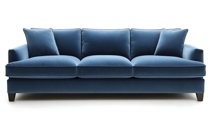 A steel-blue sofa with a sleek profile and plush, comfortable fabric 
