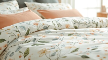 Floral bedding on a bed with pillows.