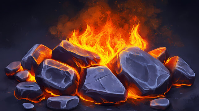 Flames erupt from under the stones. Firestone. Illustration
