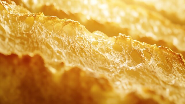 Macro shot of golden bread crust, capturing intricate details of texture and artisanal quality in the baking process.