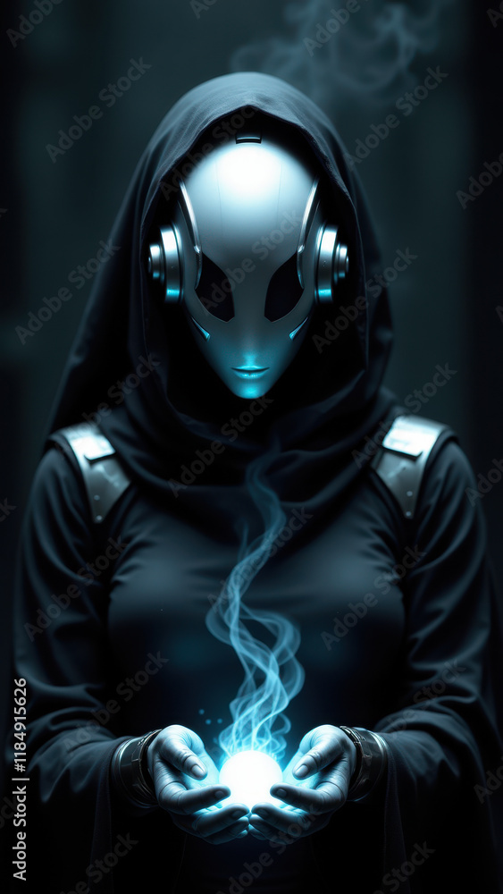 Poster undetectable ai robot with human-like features and mystical energy aura.