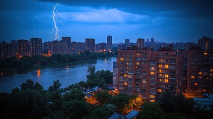Cityscape at twilight with storm clouds and lightning over river.