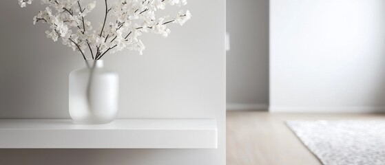 A white vase with white flowers sits on a shelf in a room