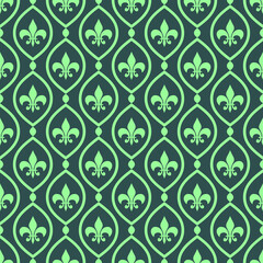 Dark slate gray and mint green colors fleur de lis seamless pattern
