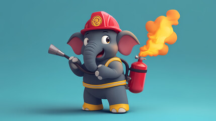 Fun elephant cartoon character with fire extinguisher. Firestone. Illustration